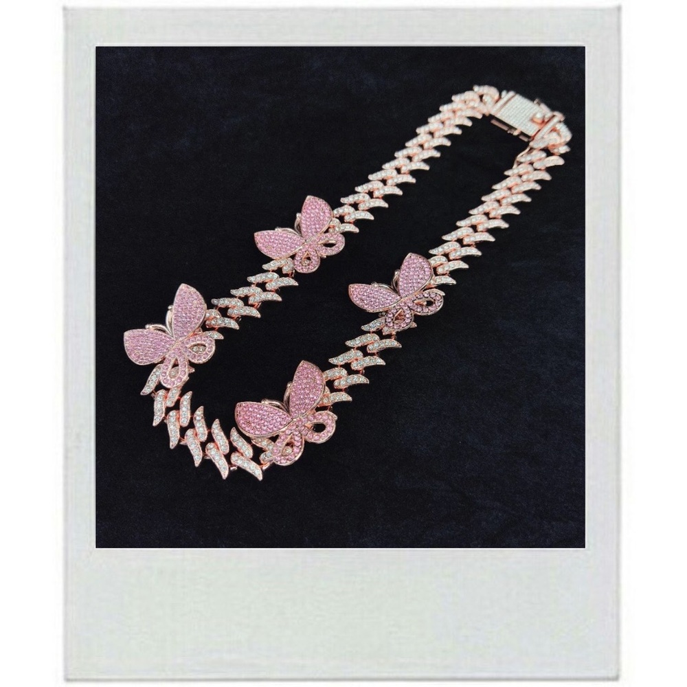 Pink Rhinestone Cuban Link Chain Necklace
